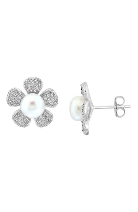 White Topaz Stone Flower Stud Earrings