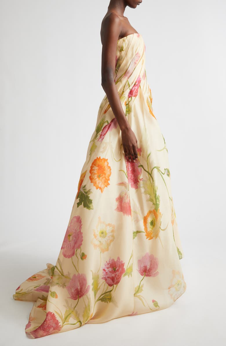 Carolina Herrera Floral Pleated Silk Strapless Gown, Alternate, color, Almond Multi