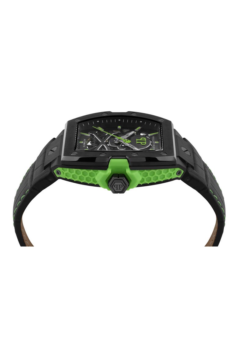 The $keleton 2.0 Automatic Leather Strap Watch, 44mm, Alternate, color, BLACK