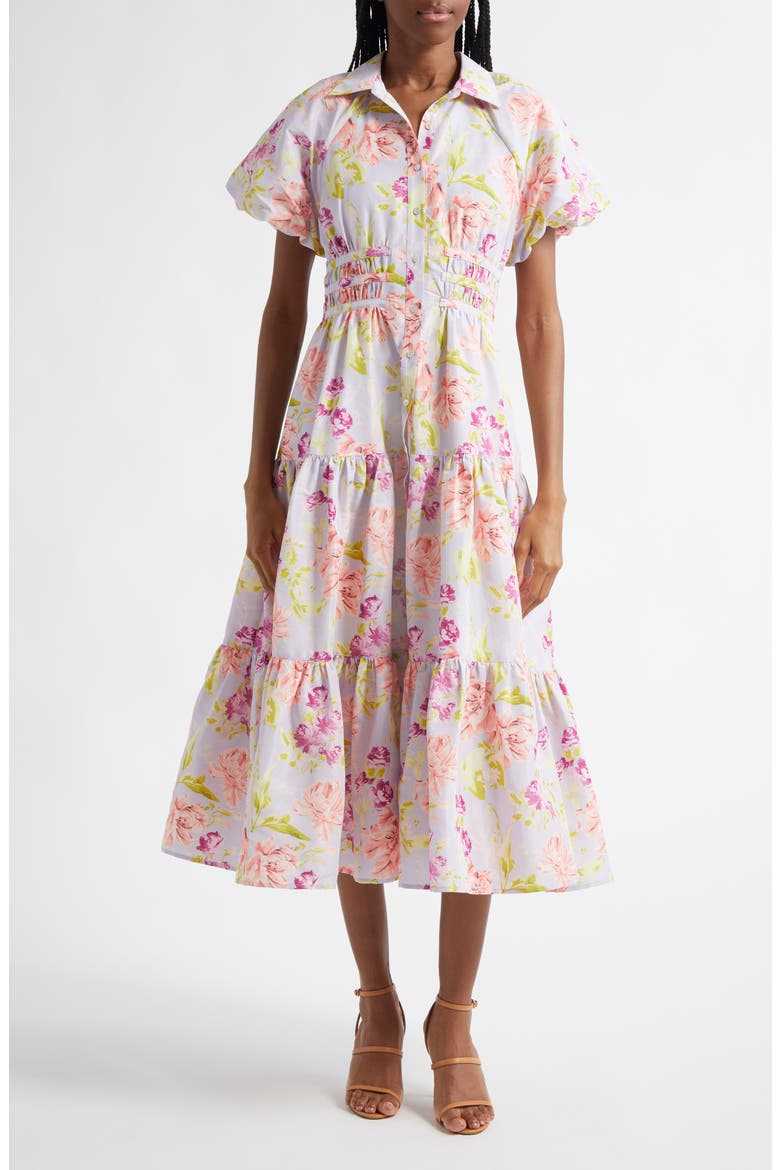 Maggio Midnight Tulips Tiered Midi Dress, Main, color, PALE LAVENDER MULTI
