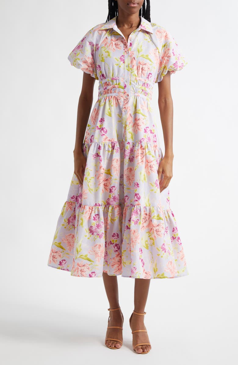 Cinq à Sept Maggio Midnight Tulips Tiered Midi Dress, Main, color, Pale Lavender Multi