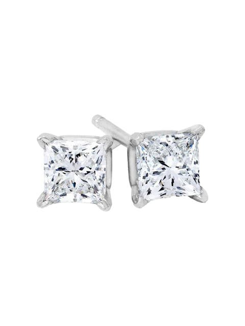 1 - 4 Ct TW Princess Cut Diamond Studs in 14k Gold Earrings Lab Grown