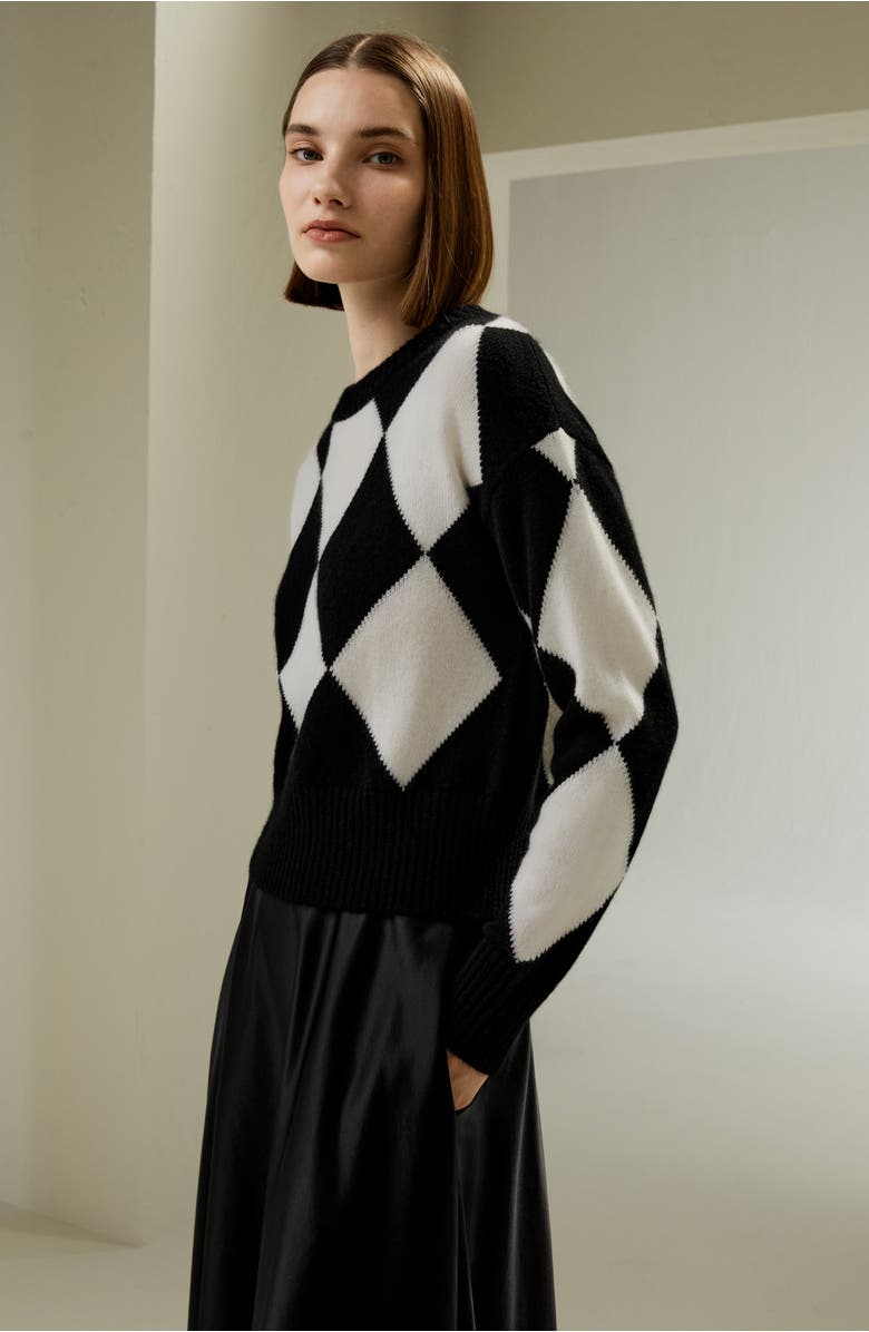 Lilysilk Round Neck Diamond Pattern Cashmere Sweater, Alternate, color, Black