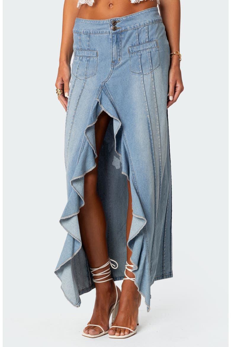 Valencia Ruffle Slit Front Denim Maxi Skirt, Alternate, color, BLUE