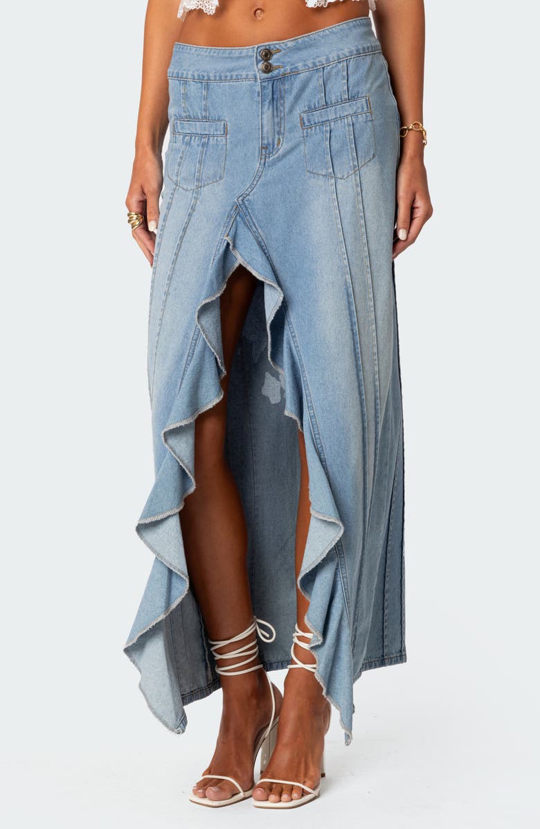 EDIKTED Valencia Ruffle Slit Front Denim Maxi Skirt, Alternate, color, Blue