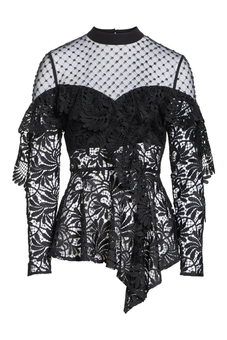 Beaded Yoke Lace Handkerchief Hem Top, Alternate, color, BLACK