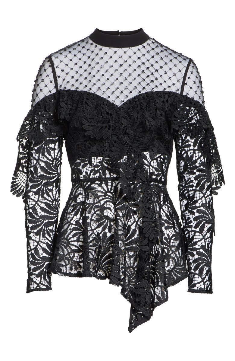 Self-Portrait Beaded Yoke Lace Handkerchief Hem Top, Alternate, color, 