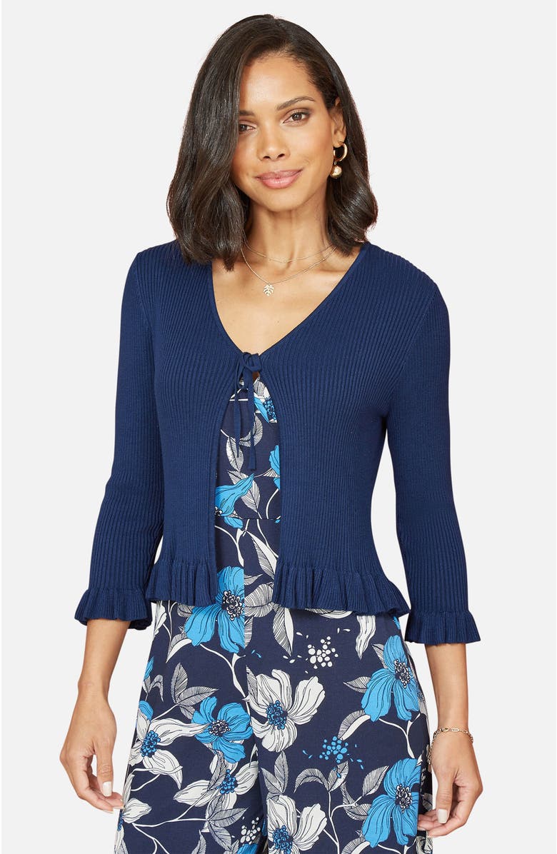Yumi Tie Up Ribbed Frill Hem Cardigan, Main, color, Navy