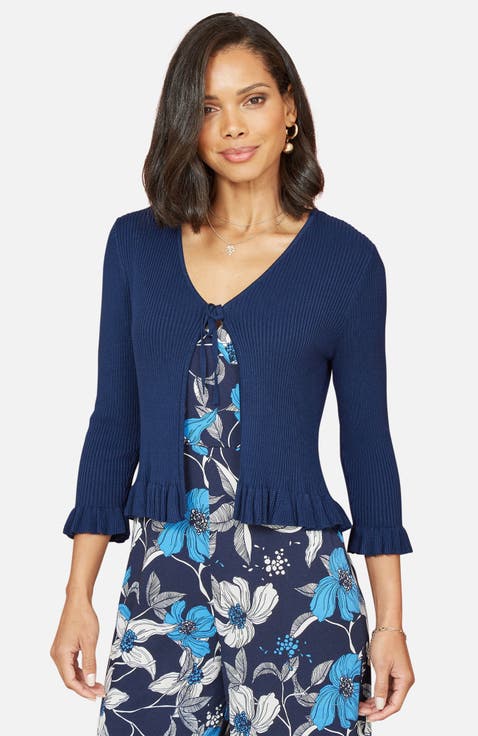 Tie Up Ribbed Frill Hem Cardigan