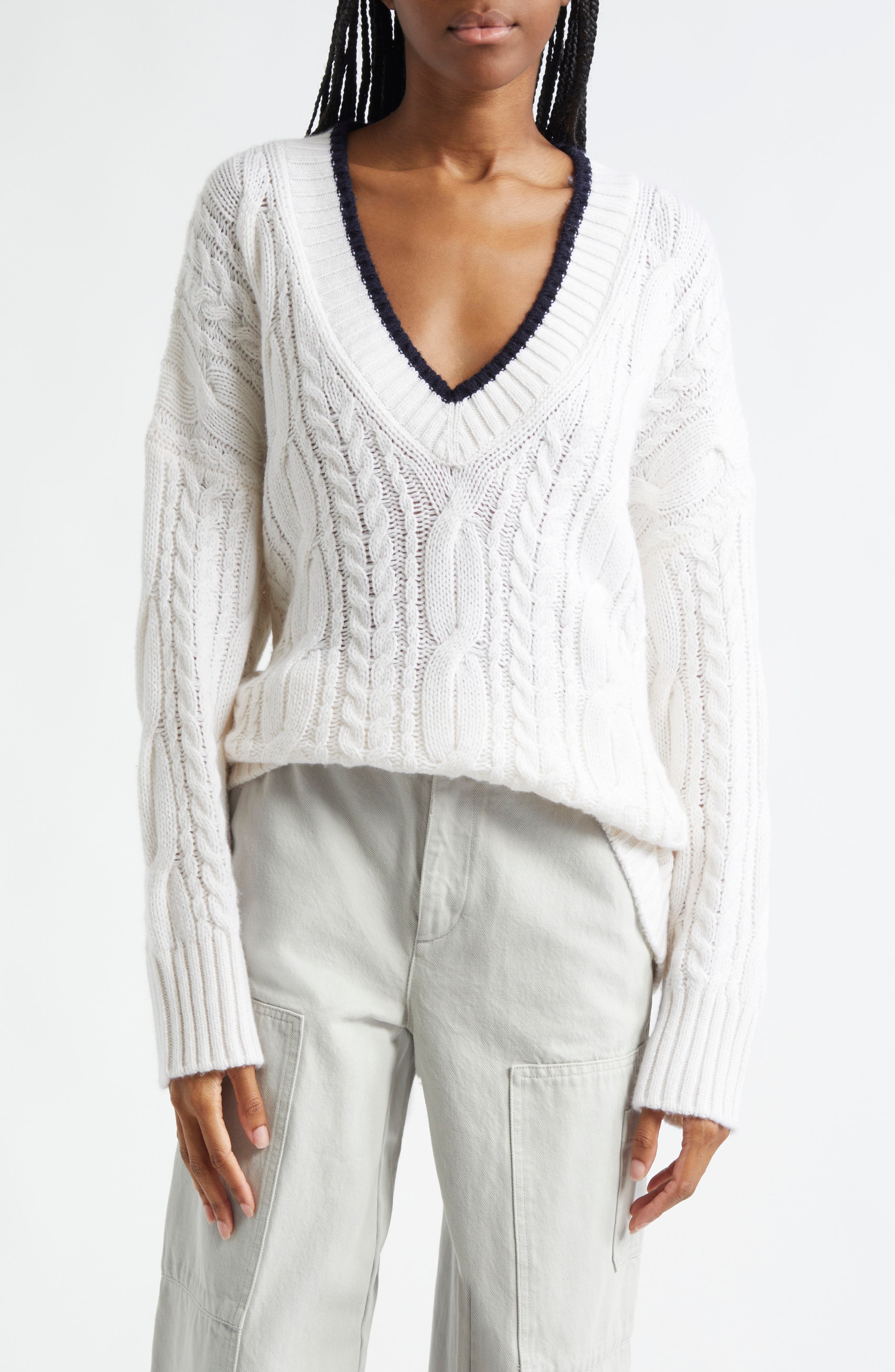 Vince Oversize V-Neck Wool &amp; Cashmere Cable Sweater