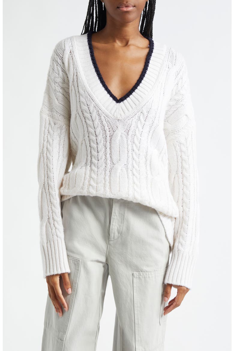 Oversize V-Neck Wool & Cashmere Cable Sweater, Main, color, OFF WHITE/ COASTAL