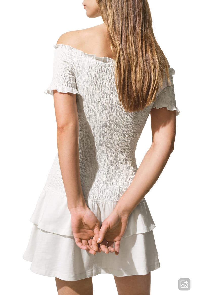 Smocked Ruffle Off the Shoulder Dress, Alternate, color, OFF WHITE