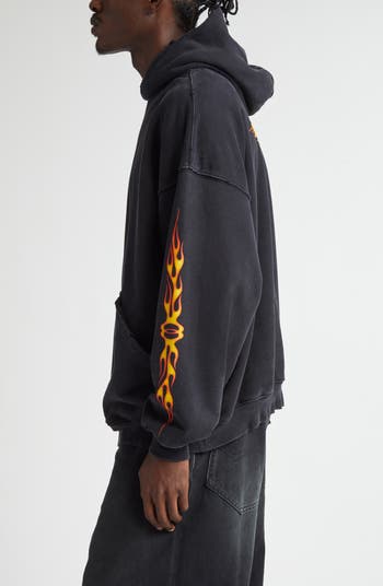 関税込【BALENCIAGA】Oversized Flame Hoody Wash Black Balenciaga Men's Oversized Flame Hoody in Washed Out Black
