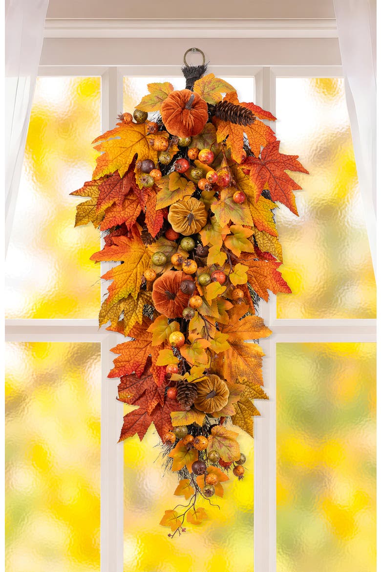 27"H Fall Dahlia Pumpkin  Leaf and Berry Teardrop, Alternate, color, Orange