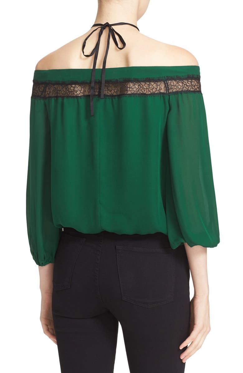 Alice + Olivia 'Esmeralda' Off the Shoulder Tie Neck Top, Alternate, color, 