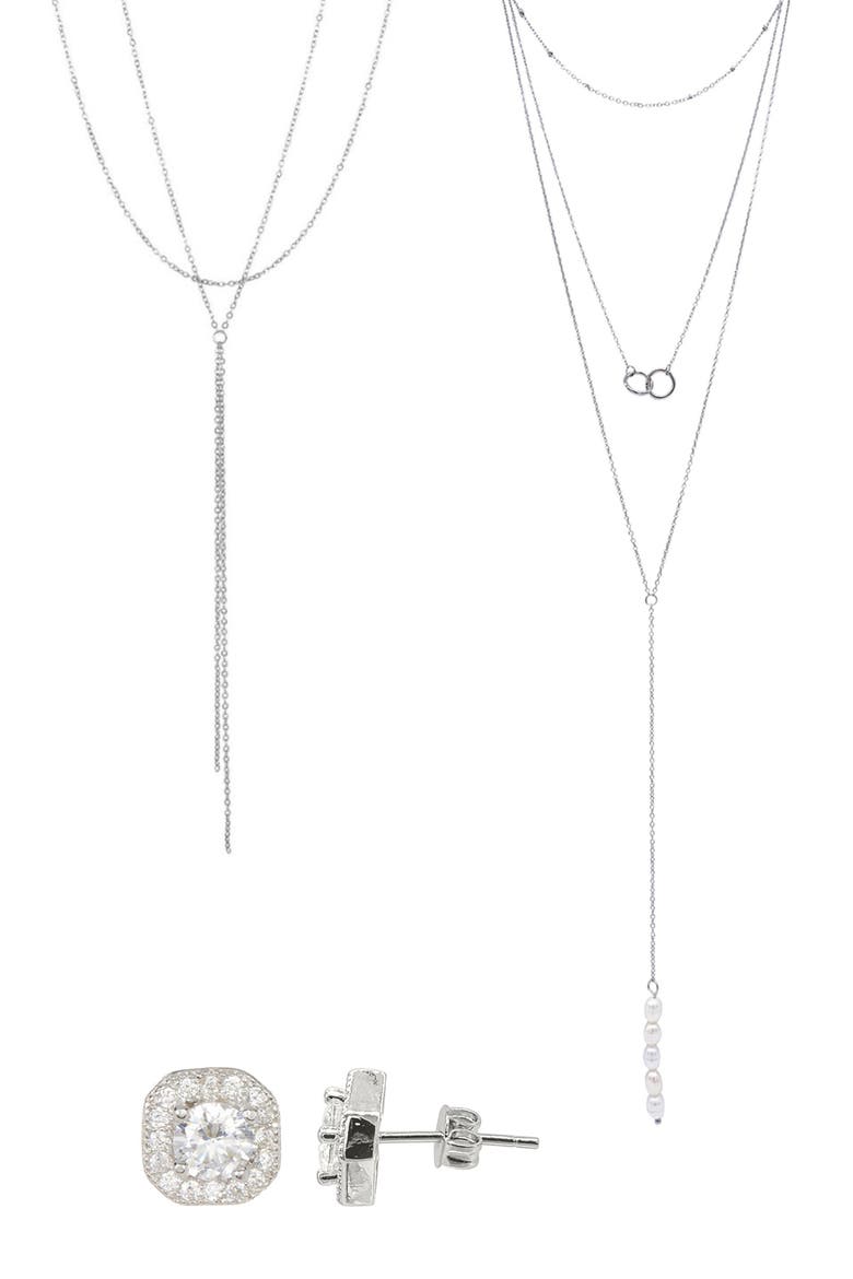 2 Lariat Necklaces & Stud Earrings Set, Main, color, SILVER