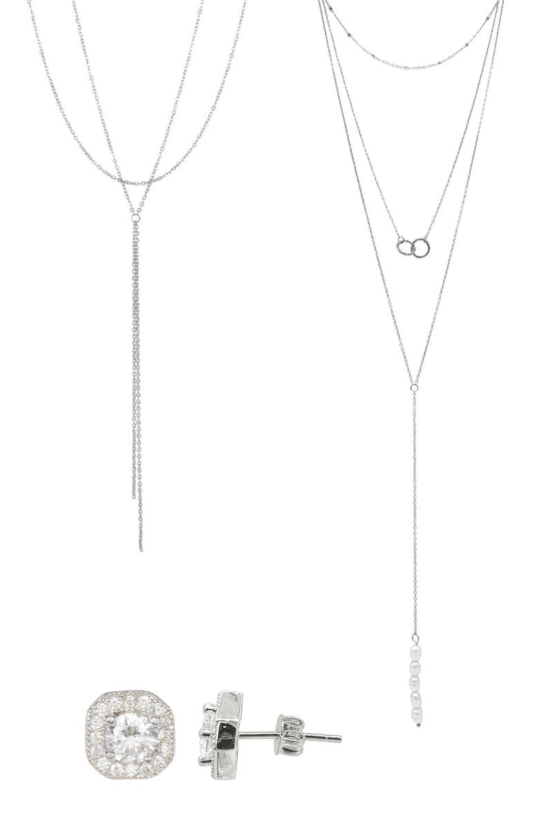 Adornia 2 Lariat Necklaces & Stud Earrings Set, Main, color, Silver
