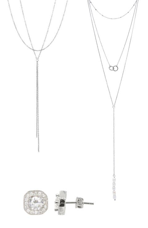 2 Lariat Necklaces & Stud Earrings Set