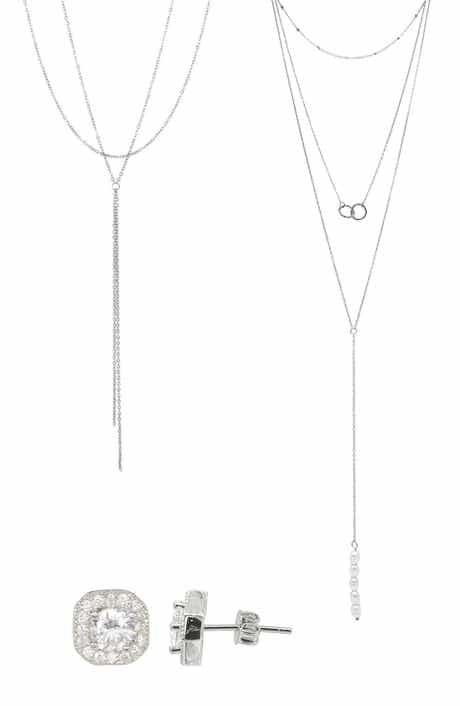 Adornia 2 Lariat Necklaces & Stud Earrings Set