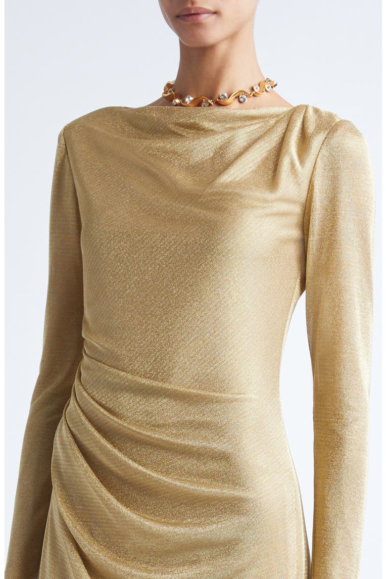 Draped Long Sleeve Metallic Jersey Gown, Alternate, color, GOLD