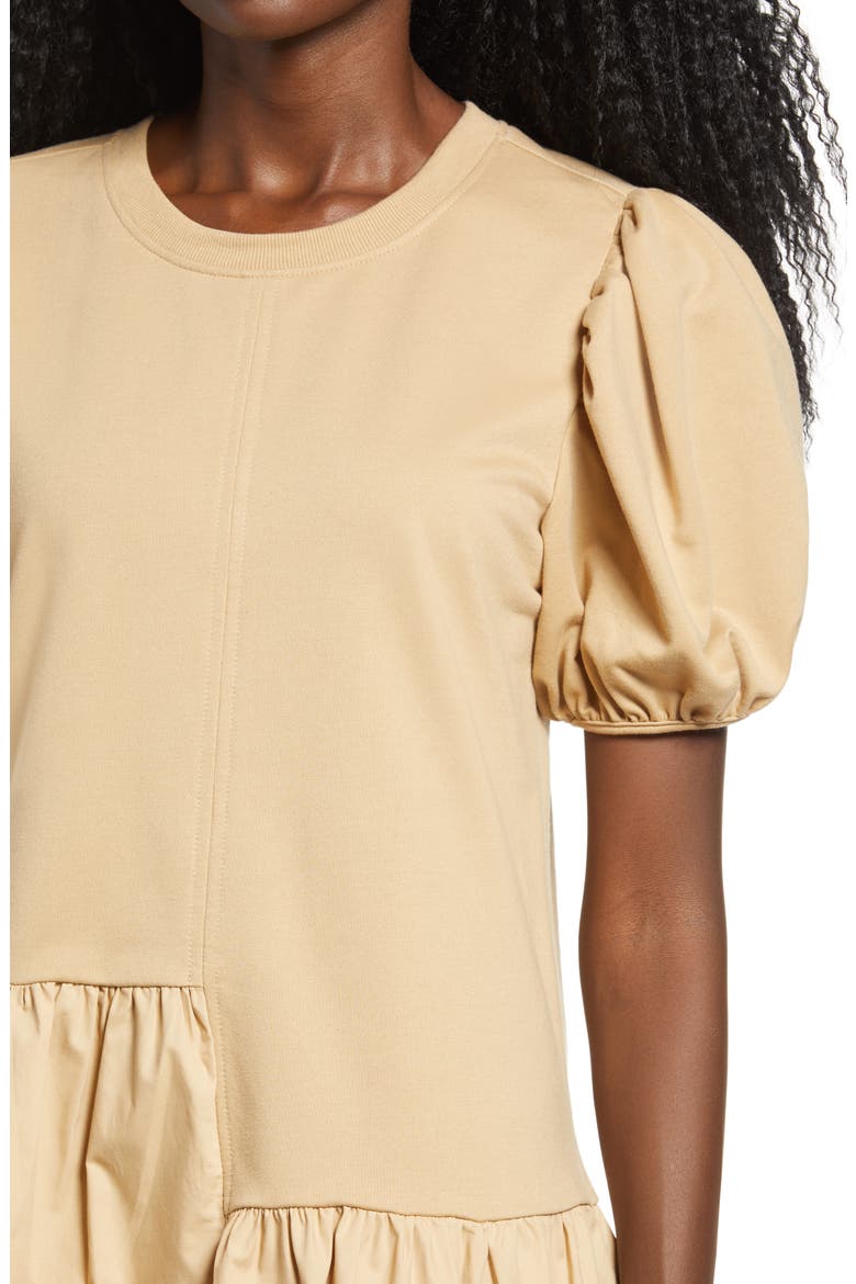 Puff Shoulder Mixed Media Minidress, Alternate, color, BEIGE