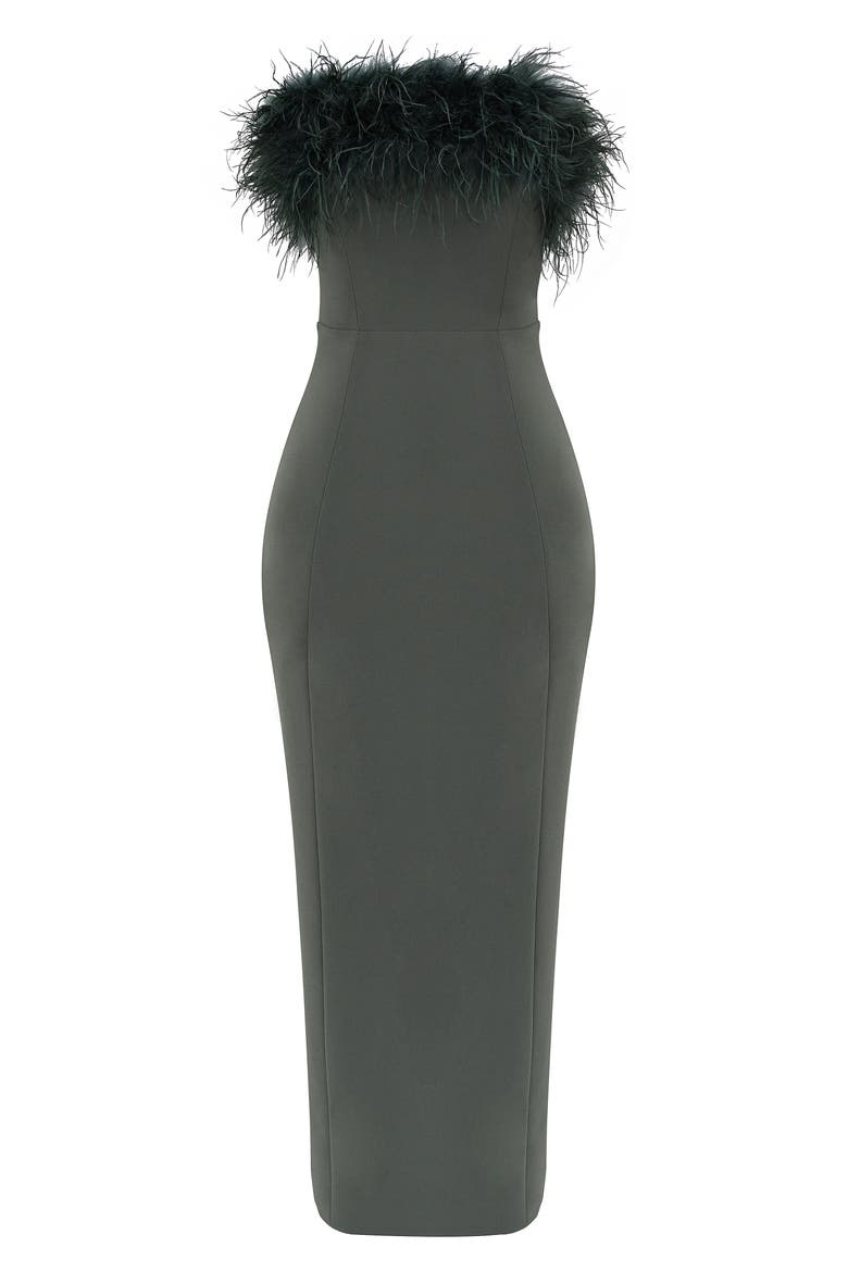 Juliene Strapless Feather Bodice Crepe Cocktail Dress, Alternate, color, DARK EUCALYPTUS