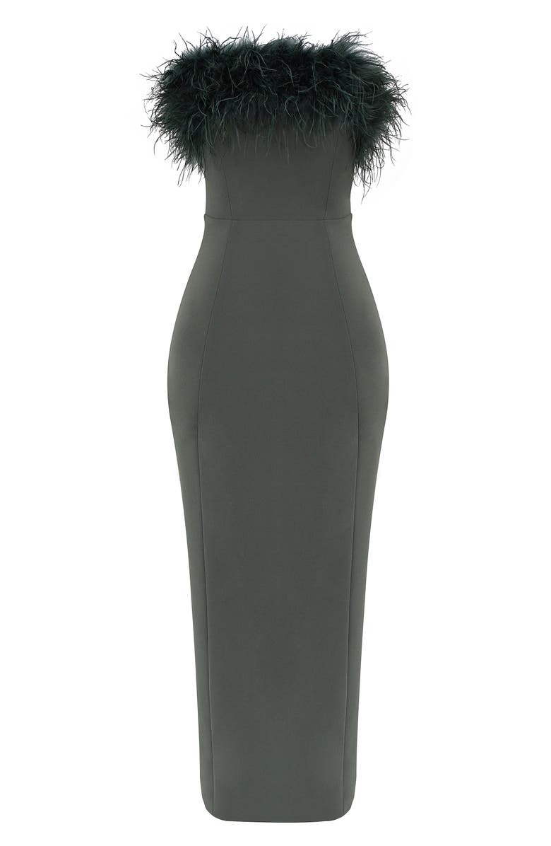 HOUSE OF CB Juliene Strapless Feather Bodice Crepe Cocktail Dress, Alternate, color, 