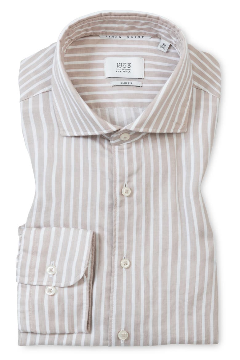 Slim Fit Stripe Non-Iron Cotton & Linen Dress Shirt, Main, color, BEIGE
