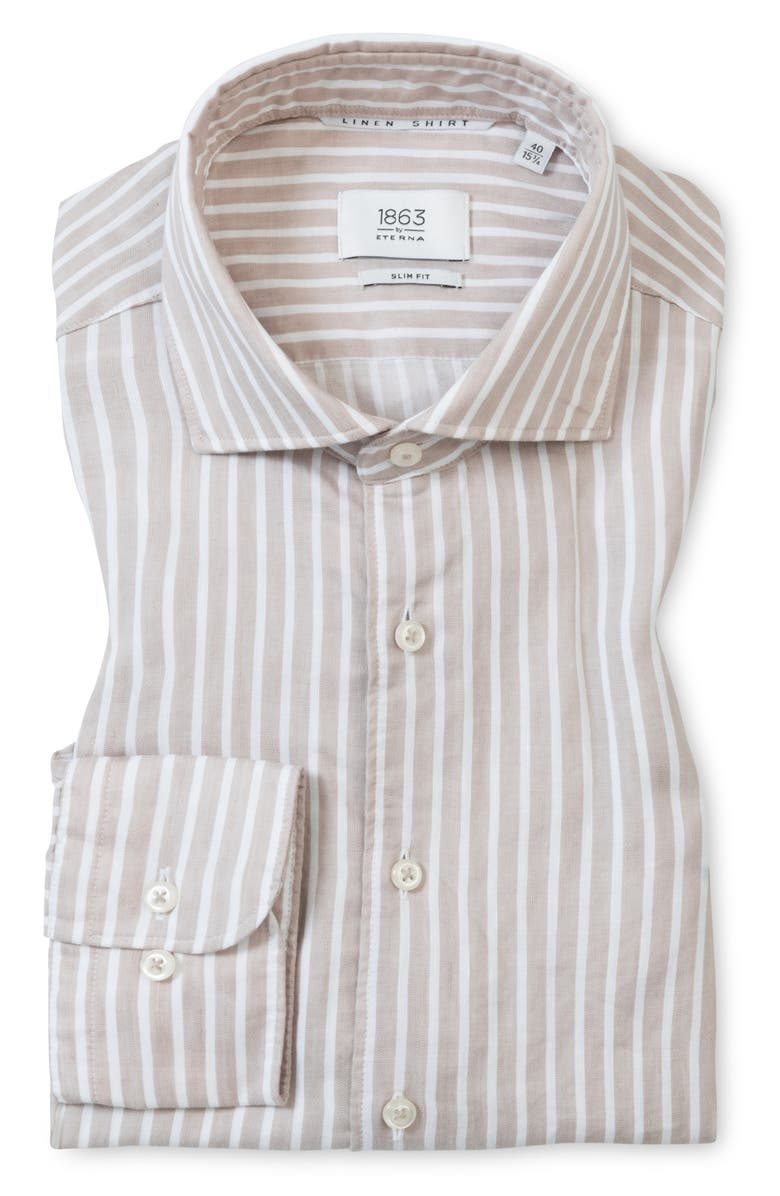 1863 by Eterna Slim Fit Stripe Non-Iron Cotton & Linen Dress Shirt, Main, color, Beige
