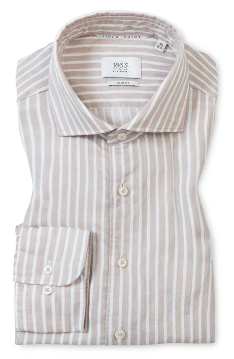 Slim Fit Stripe Non-Iron Cotton & Linen Dress Shirt (Regular & Long)