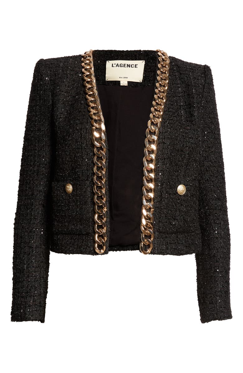 L'AGENCE Greta Chain Detail Sequin Tweed Jacket, Alternate, color,