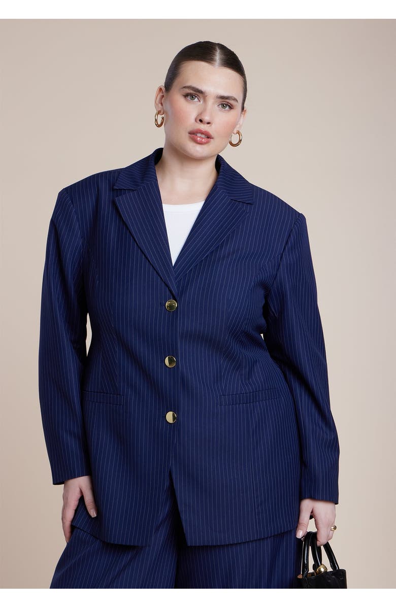 ELOQUII Nipped Waist Blazer With Back Adjuster, Main, color, Navy Pinstripe