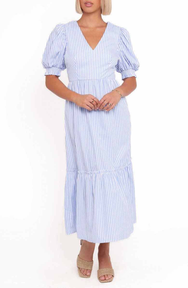 Petal & Pup Steele Stripe Puff Sleeve Cotton Midi Dress, Main, color, Blue Stripe