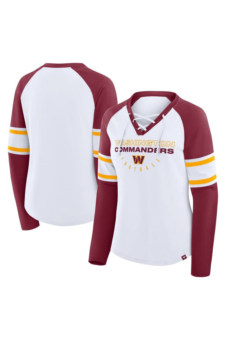 Women's Fanatics White/Burgundy Washington Commanders Redzone Blitz Package Raglan Lace-Up V-Neck Long Sleeve T-Shirt, Main, color, White