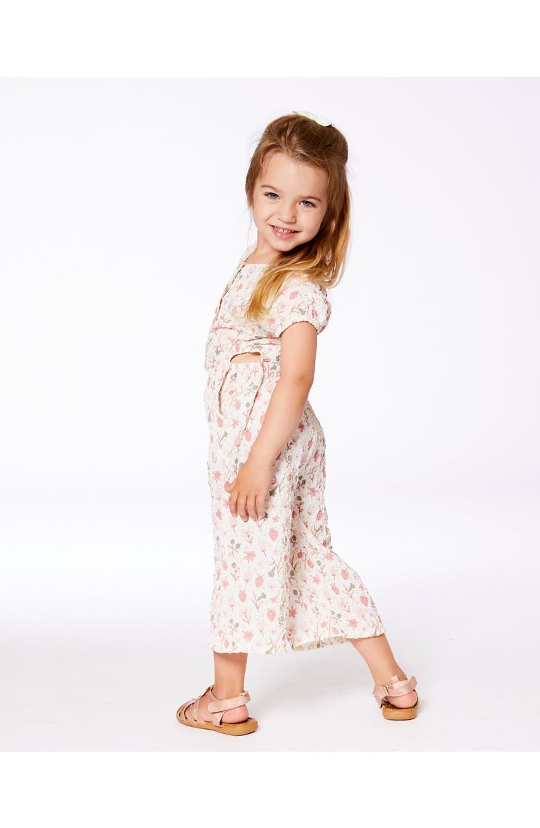 Deux par Deux Little Girl's Printed Seersucker Jumpsuit With Cut Outs Pink Flowers On Cream Background, Alternate, color,