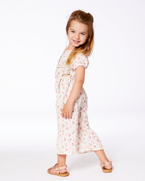 Deux Par Deux Little Girl's Printed Seersucker Jumpsuit With Cut Outs Pink Flowers On Cream Backgrou In Pink Flowers On Cream