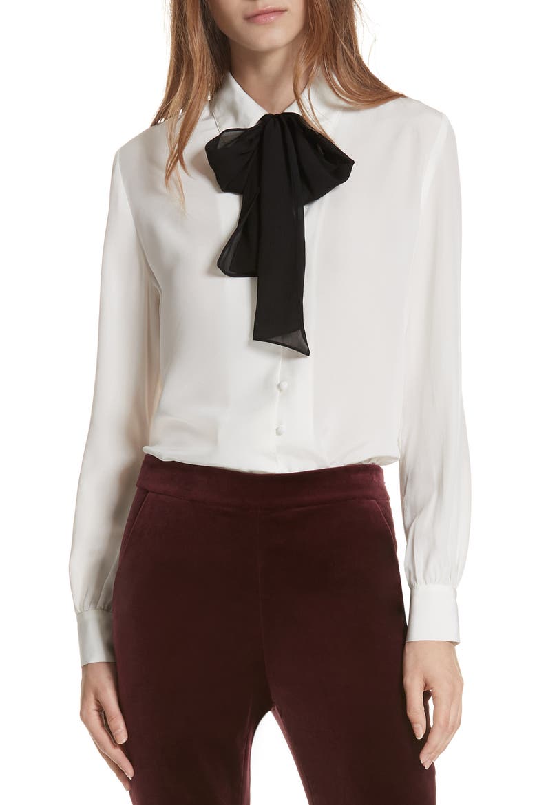 Tie Neck Silk Blouse, Main, color, OFF WHITE