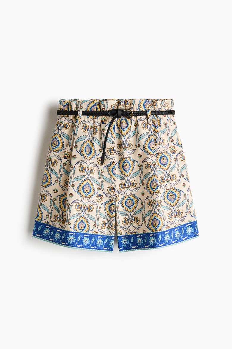 Belted Linen-blend Shorts, Alternate, color, Light beige/patterned