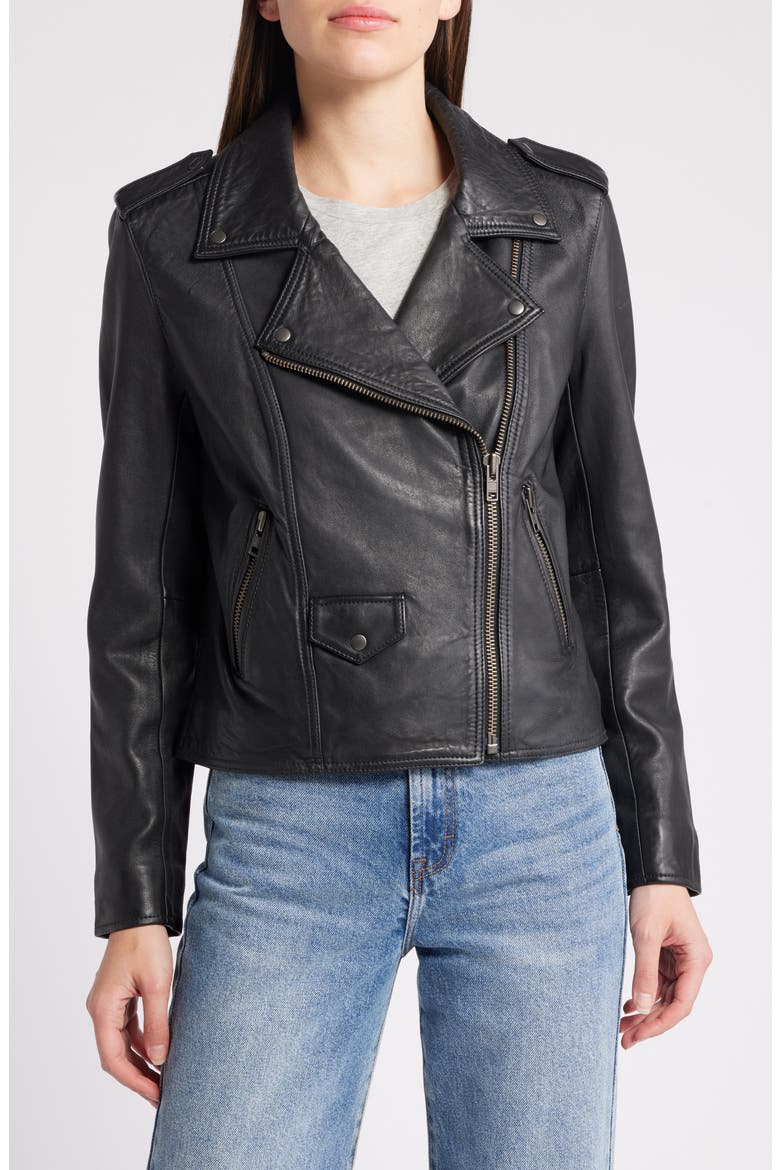 Leather Moto Jacket, Alternate, color, BLACK