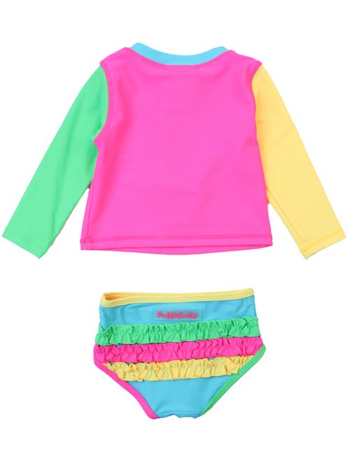 Rufflebutts Toddler Girls Upf50+ Long Sleeve Zipper Rash Guard 2-piece In Neon Color Block