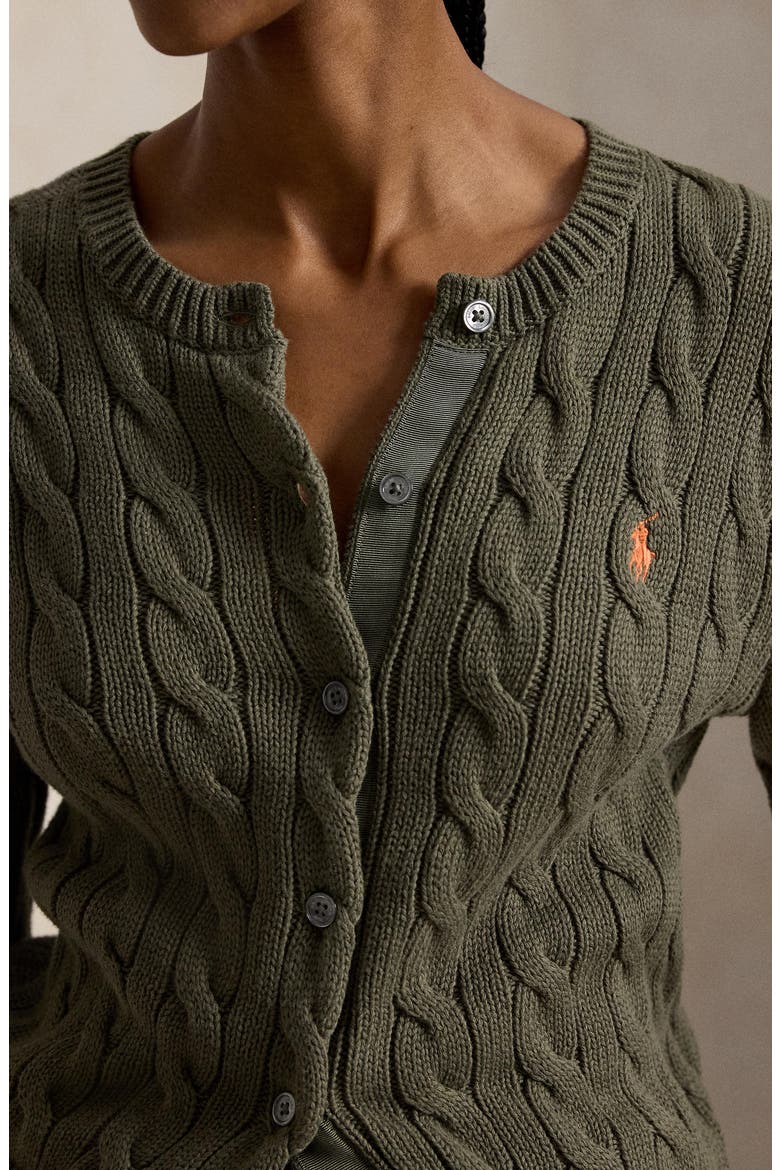 Cable Knit Cotton Crewneck Cardigan, Alternate, color, DENSE OLIVE