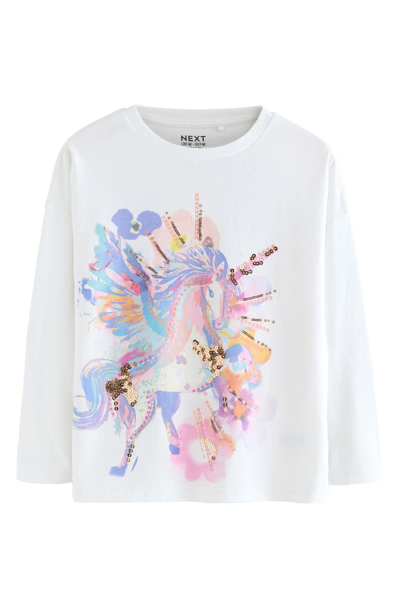NEXT Kids' Unicorn Long Sleeve Cotton Graphic T-Shirt, Main, color, White