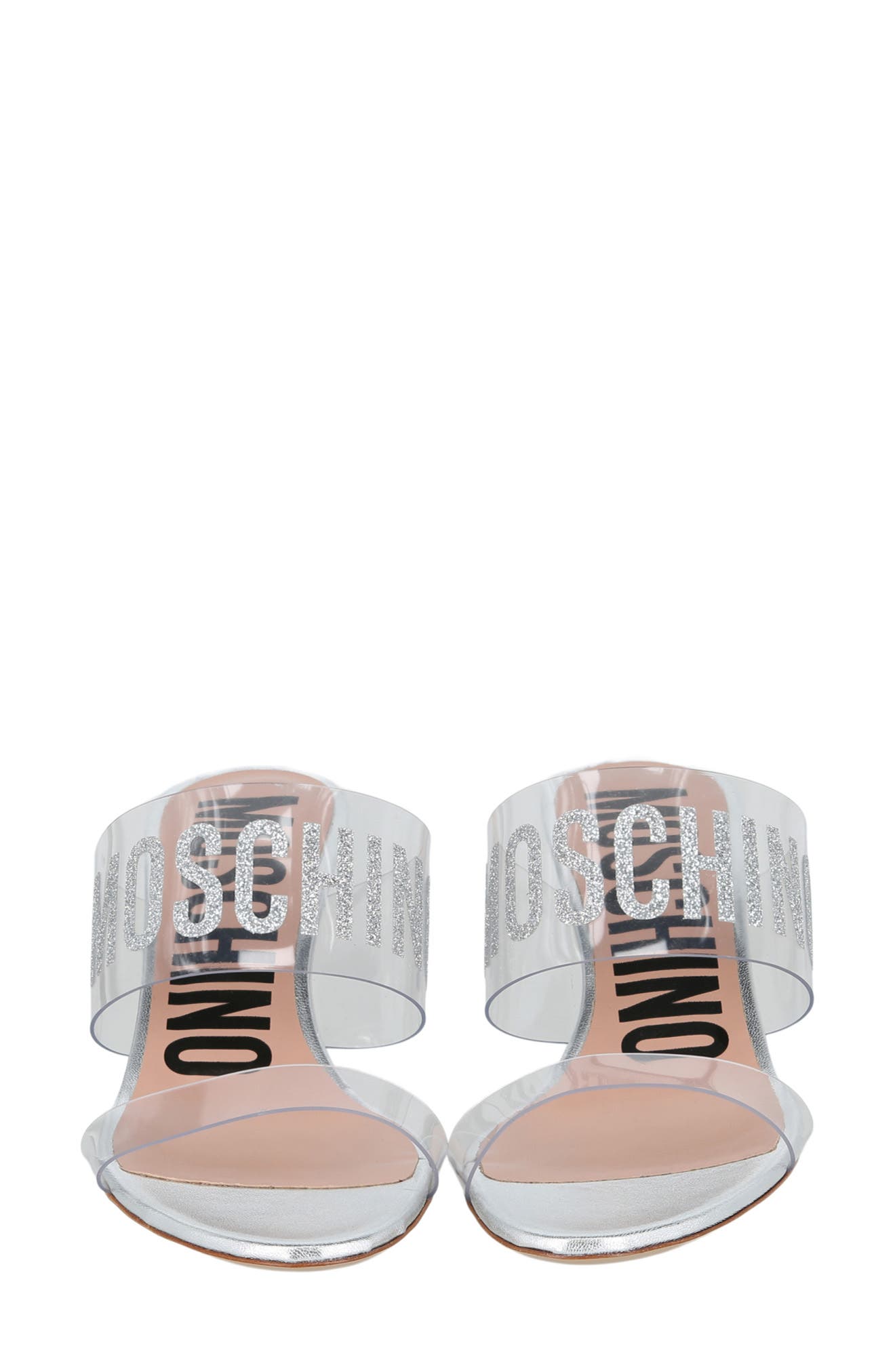 Moschino Glitter Logo Slide Sandal, Alternate, color, Transparent Silver