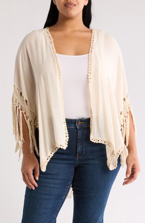 Open Knit Fringe Trim Ruana