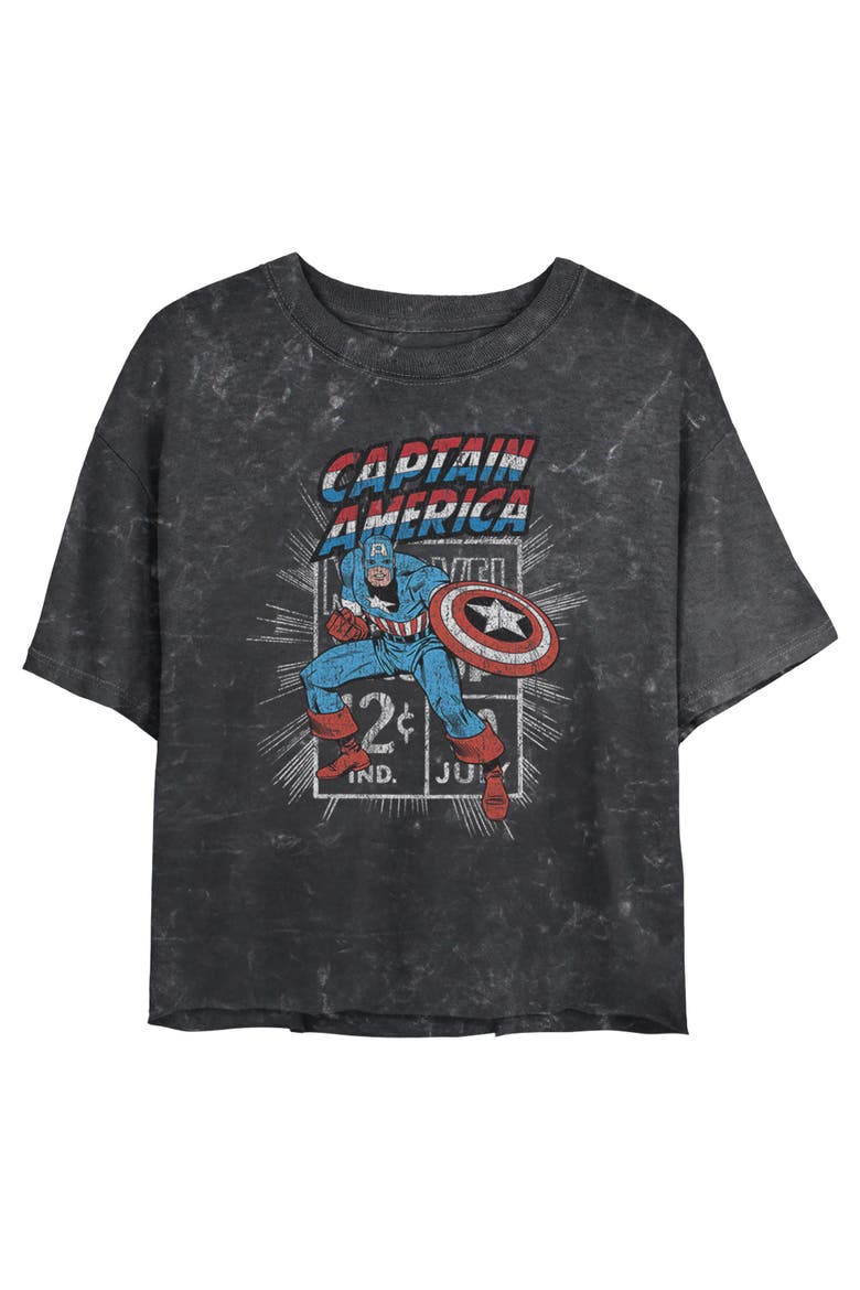 Junior's Captain Comic Stamp Short Sleeve Cropped T-Shirt, Main, color, Black