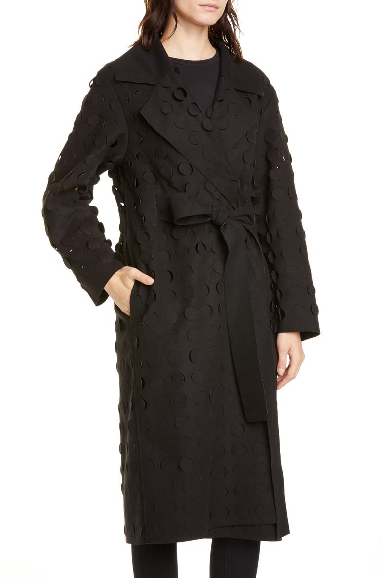 Laser Cut Circle Wrap Coat, Alternate, color, BLACK