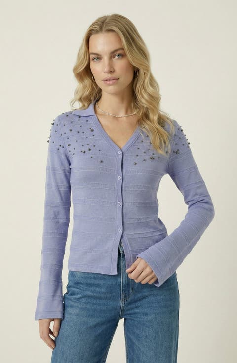 Embellished Knit Cardigan with V Neck Silhouette