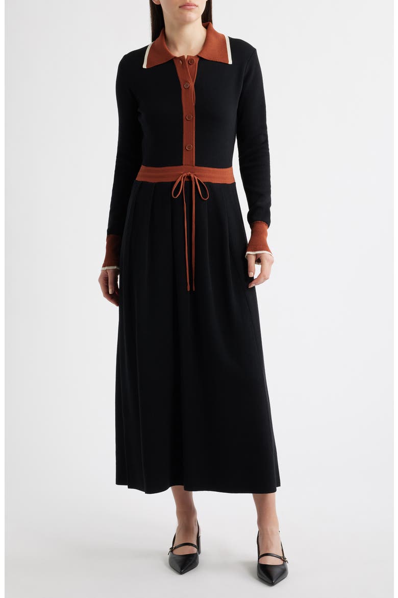 Tipped Long Sleeve Drawstring Waist Sweater Dress, Main, color, BLACK/ CAMEL