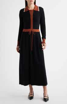 Tipped Long Sleeve Drawstring Waist Sweater Dress