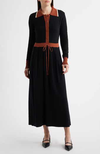 Tipped Long Sleeve Drawstring Waist Sweater Dress